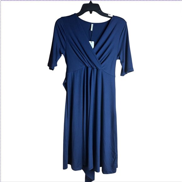 Maternity Mother Bee Medium Navy Blue Faux Wrap Stretch Jersey‎ Midi Dress NWT - Picture 1 of 8